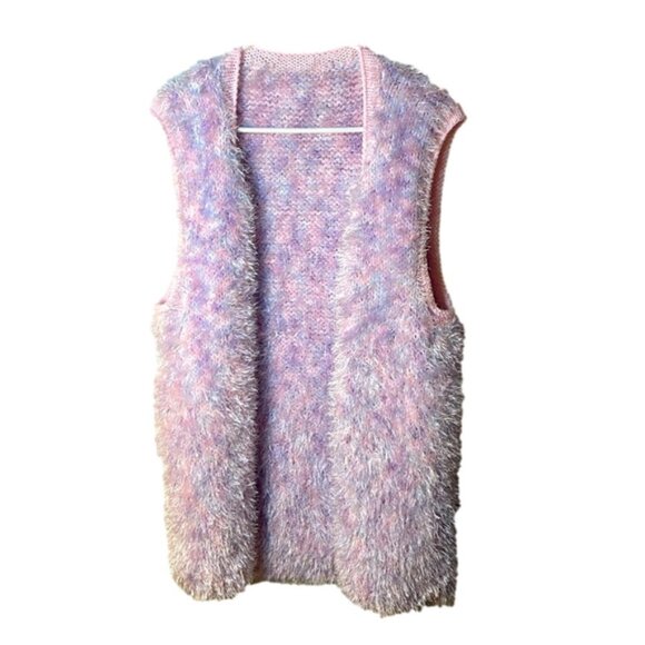 OSFM handmade pastel pink and purple fuzzy open vest cardigan - Picture 2 of 6